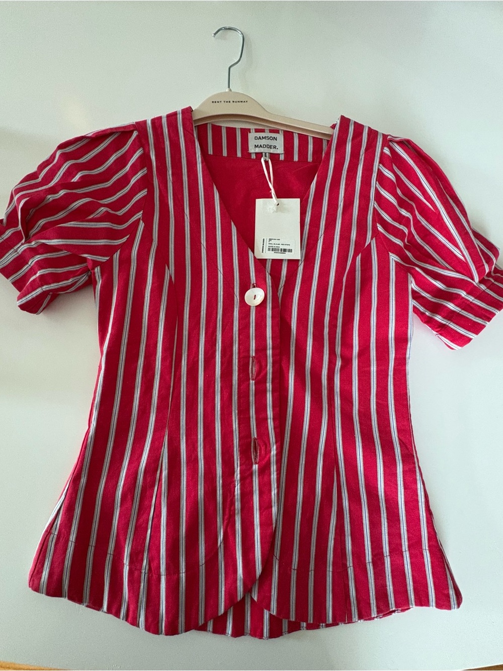 Red & White Stripe Button-Front Puff Sleeve Top
